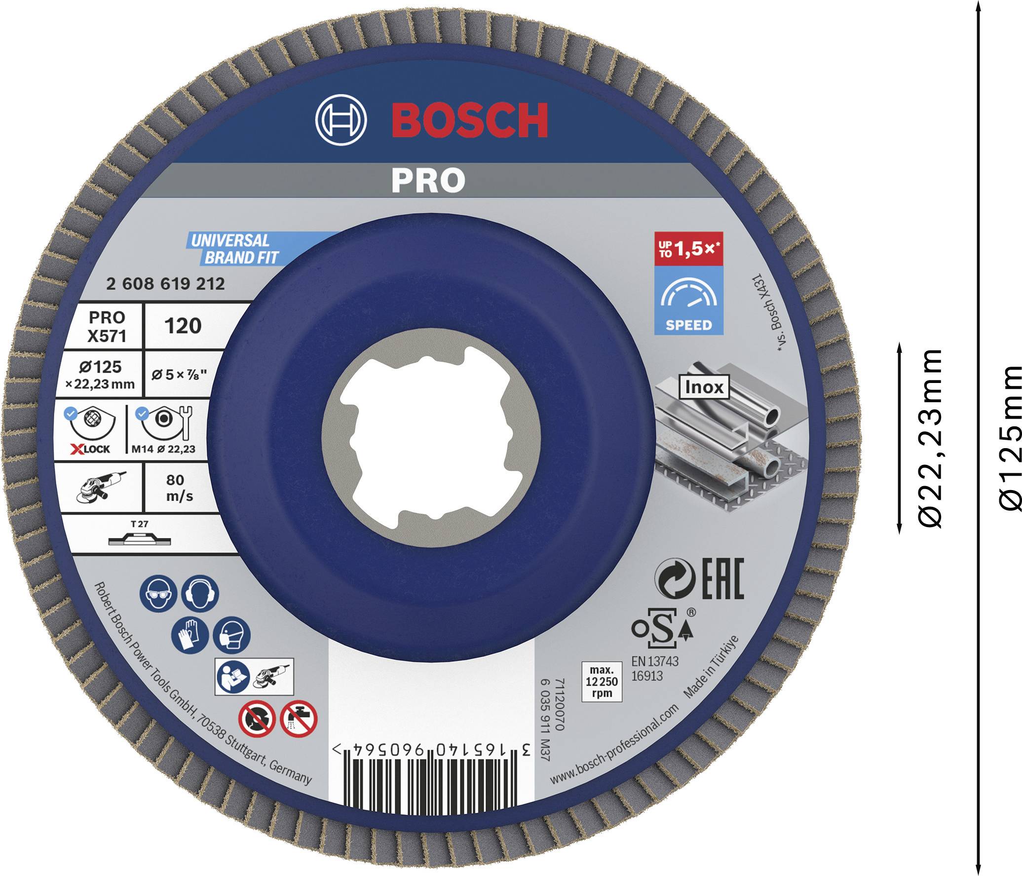 Bosch csiszolótárcsa, Pro típus, 125 mm átmérő, fémfeldolgozáshoz. Fordulatszám 12.200 ford/perc-ig.