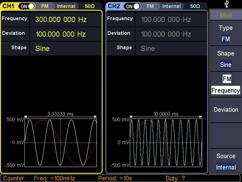 Két oszcilloszkóp képernyő CH1 és CH2 csatornákkal. Mindkettő szinuszos hullámokat mutat. CH1: 300 kHz, CH2: 100 kHz. Eltérés, forma: Szinusz.