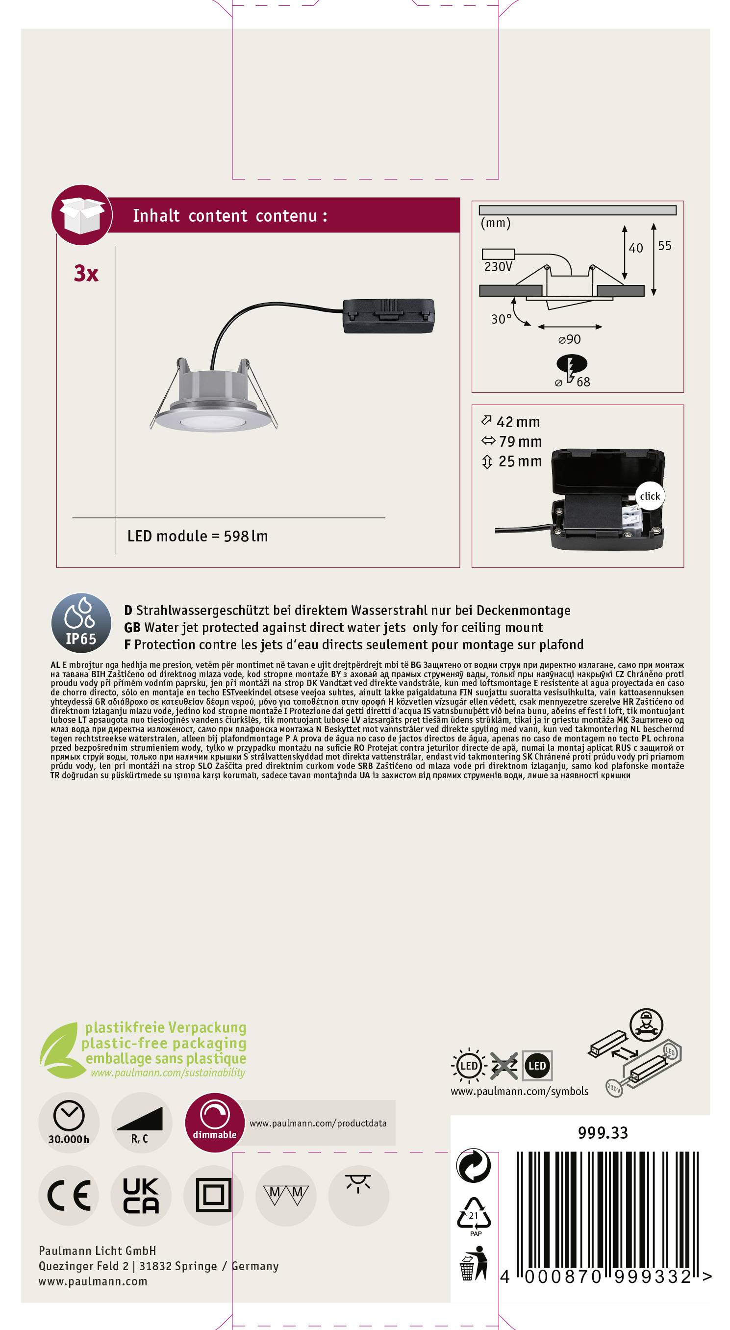 LED lámpa szett hátoldala<br><br>Tartalom:<br>- 3 db LED lámpa<br>- Átmérő: 42 mm és 75 mm<br>- Védettség: IP65<br>- Energiaosztály: A++