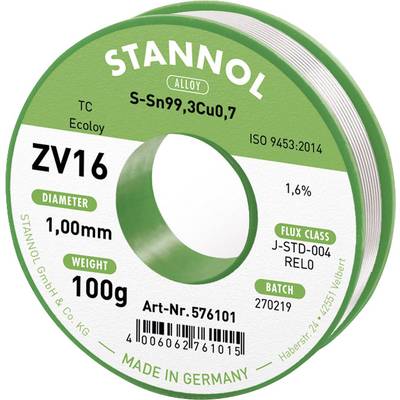 Stannol ZV16 Forrasztóón, ólommentes Ólommentes Sn99,3Cu0,7 REL0 100 g 1 mm