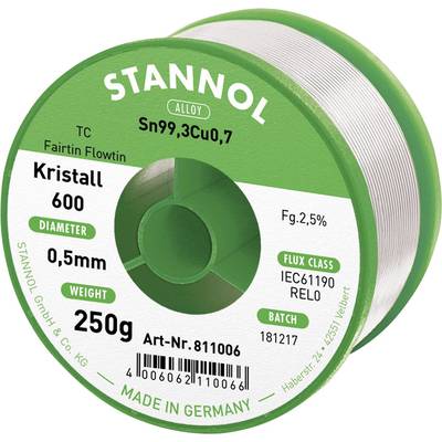 Stannol Kristall 600 Fairtin Forrasztóón, ólommentes Ólommentes Sn99,3Cu0,7 REL0 250 g 0.5 mm