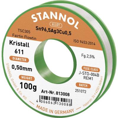 Stannol Kristall 611 Fairtin Forrasztóón, ólommentes Ólommentes Sn96,5Ag3Cu0,5 REM1 100 g 0.5 mm