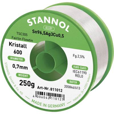 Stannol Kristall 600 Fairtin Forrasztóón, ólommentes Ólommentes Sn96,5Ag3Cu0,5 REL0 250 g 0.7 mm