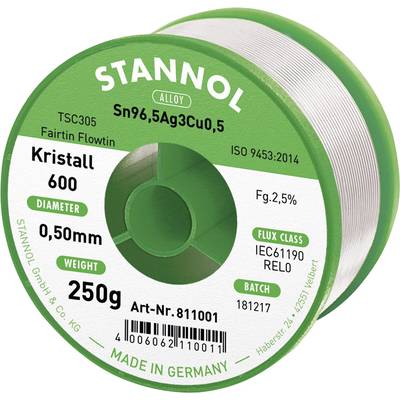 Stannol Kristall 600 Fairtin Forrasztóón, ólommentes Ólommentes Sn96,5Ag3Cu0,5 REL0 250 g 0.5 mm