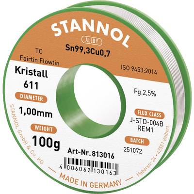 Stannol Kristall 611 Fairtin Forrasztóón, ólommentes Ólommentes Sn99,3Cu0,7 REM1 100 g 1 mm