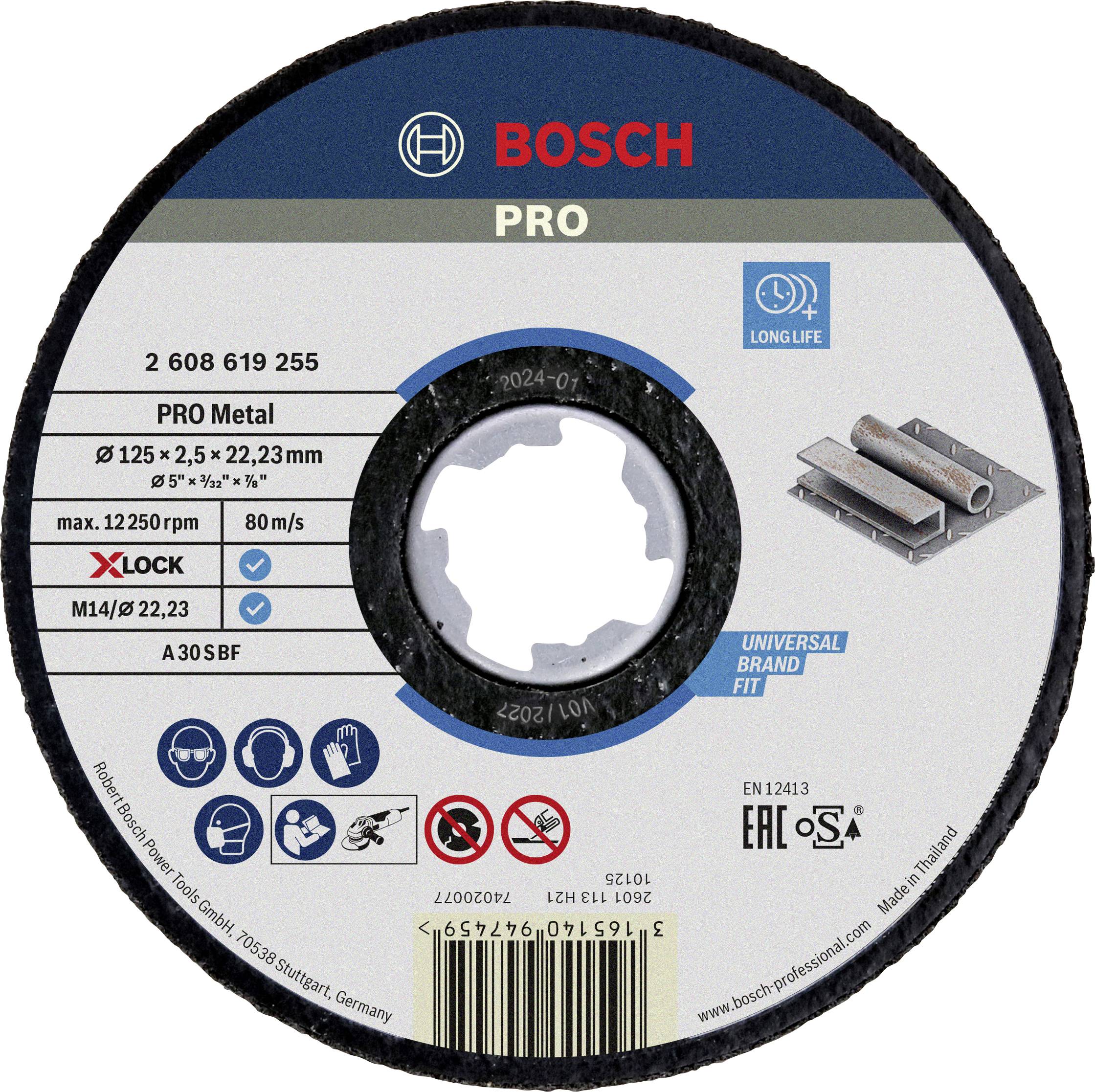 Bosch PRO csiszolókorong, 125 mm átmérő, fémekhez, X-LOCK rendszer, max. sebesség 80 m/s, tartós.