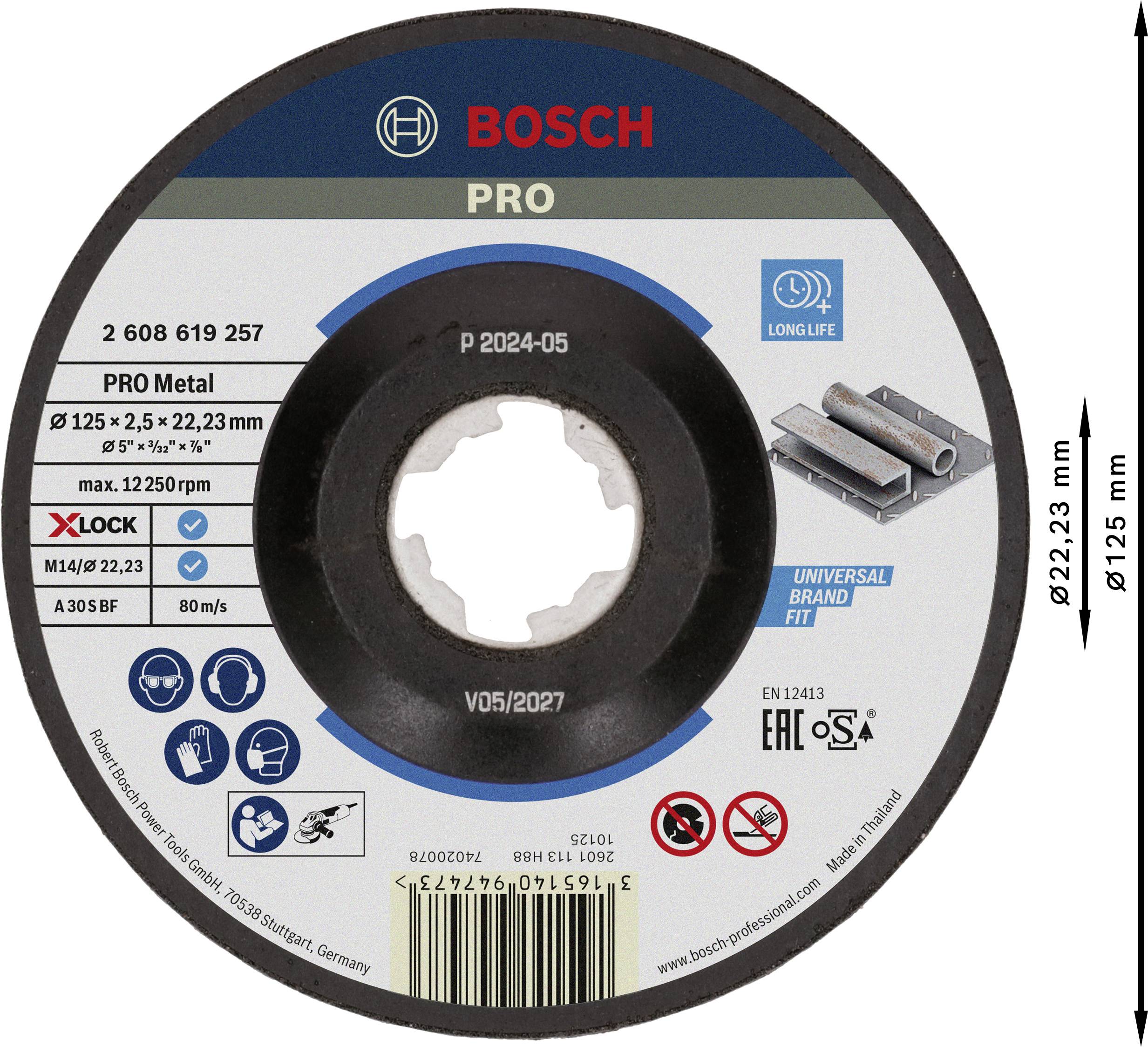 Csiszolótárcsa 'Bosch Pro Metal' felirattal, 125 mm átmérő, alkalmas fémhez és univerzális gépekhez, fordulatszám 12.250 ford/perc-ig.