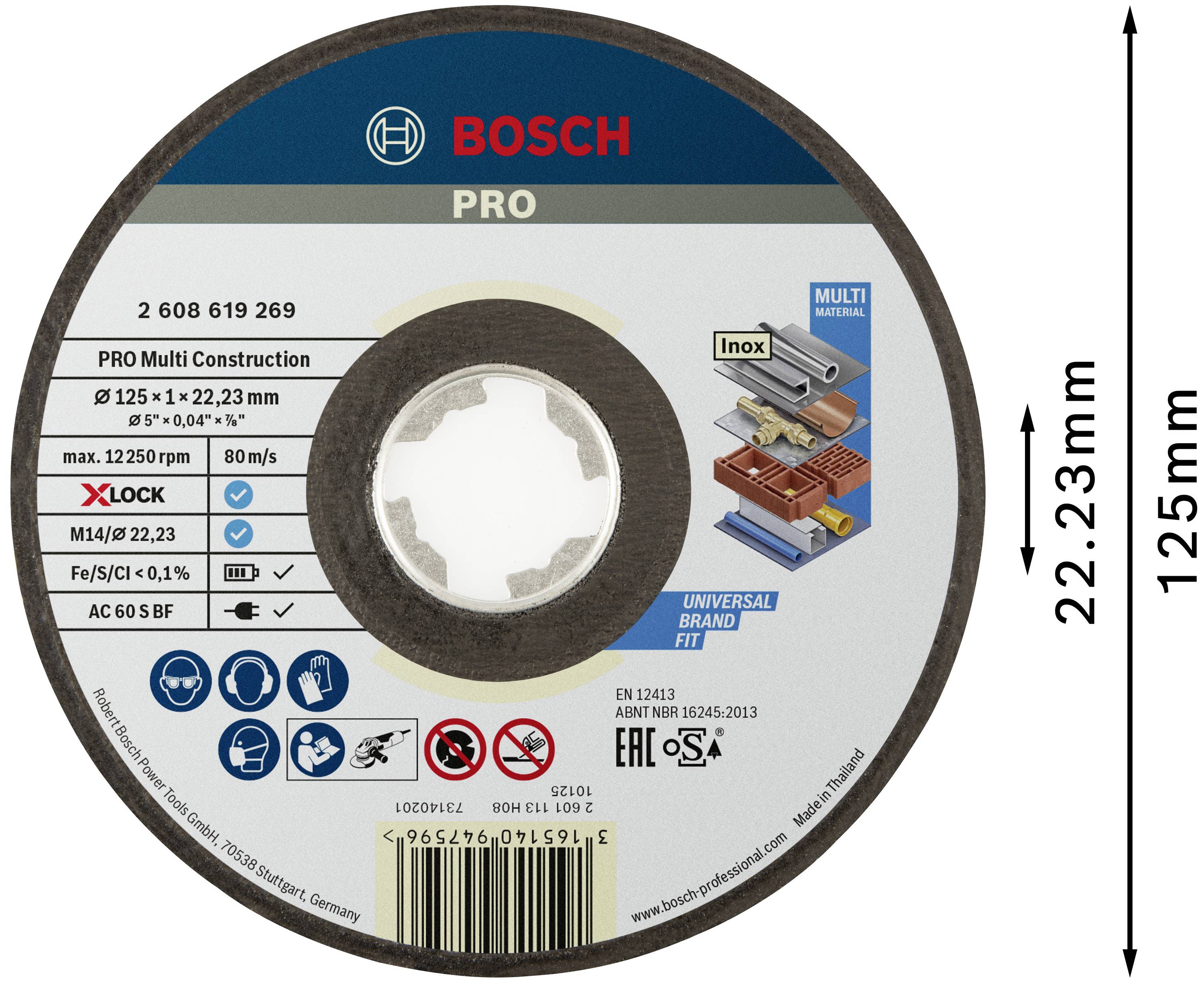Csiszolókorong Bosch PRO, átmérő 125mm, vastagság 1mm. Felirat: 'Inox', 'Multi', 'Universal', szimbólumok a felhasználási lehetőségekhez.
