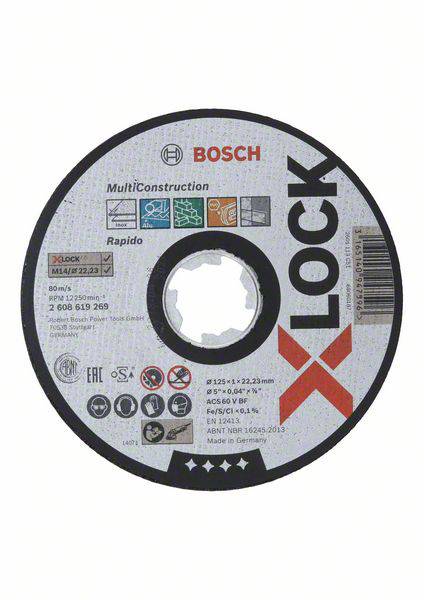Bosch MultiConstruction csiszolótárcsa X-LOCK rendszerrel, 125 mm átmérő, alkalmas különböző anyagokhoz.