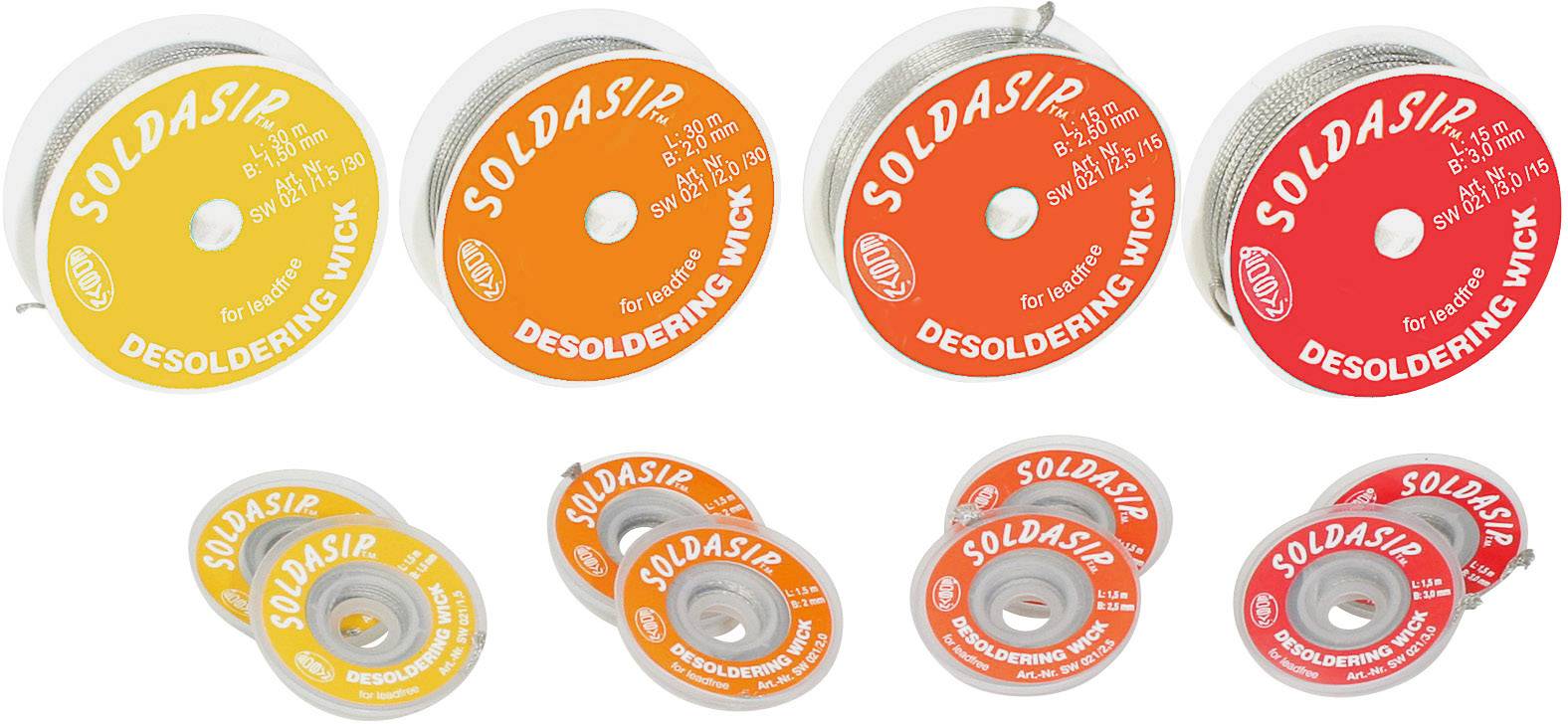 Különböző méretű és színű forrasztási forrasztóhuzalok tekercsben, "SOLDASIP" felirattal ellátva, elektronikai eszközök javításához.