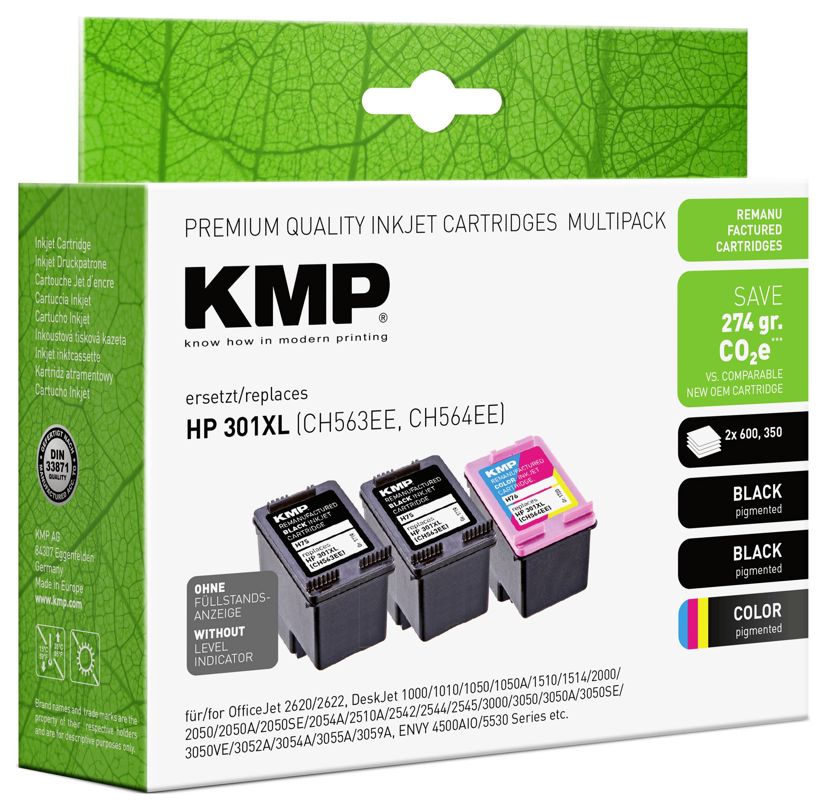 KMP prémium minőségű tintasugaras patron multipack HP 301XL-hez, két fekete patronnal és egy színes patronnal, megtakarítási és kompatibilitási címkékkel.