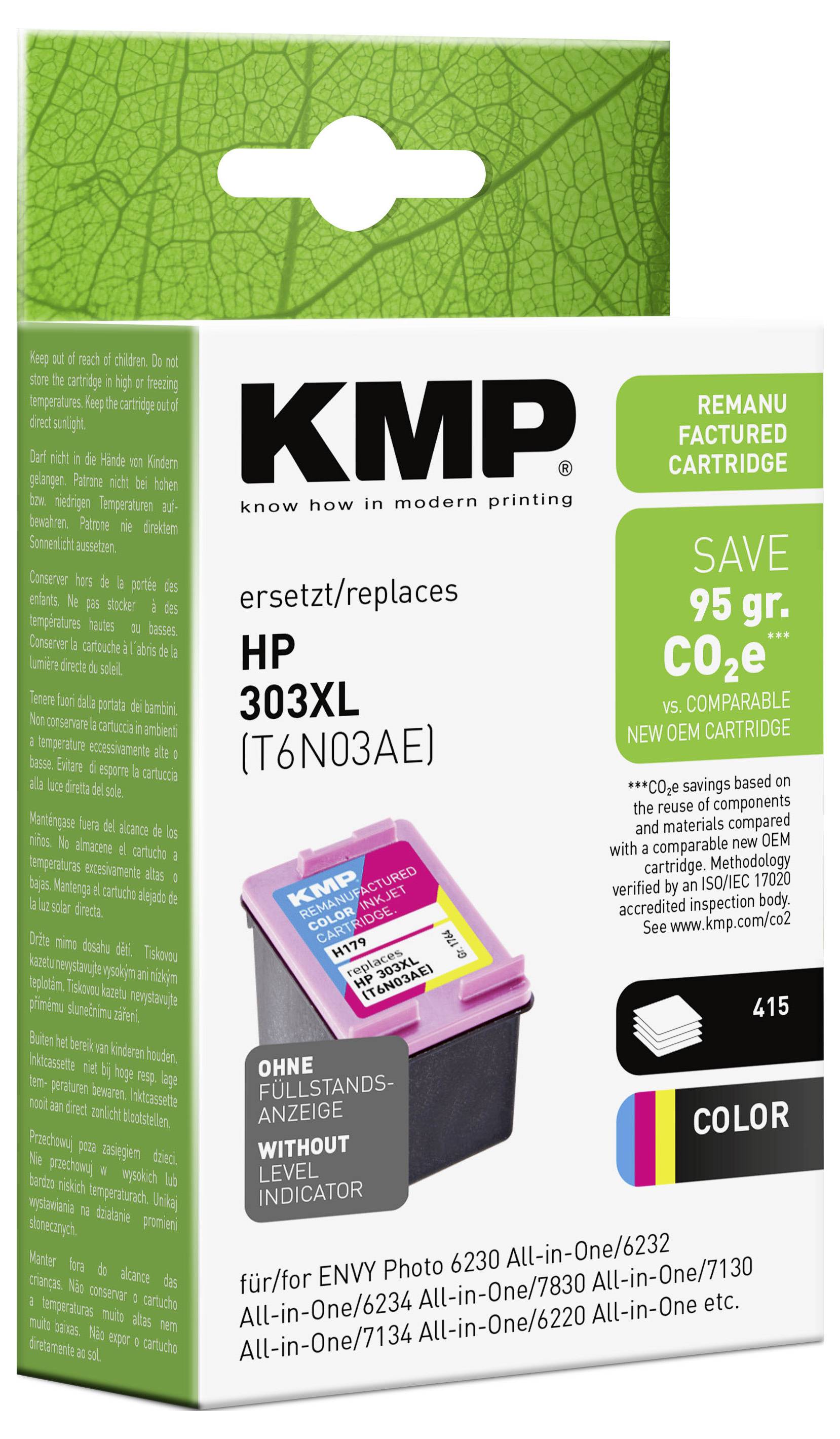 KMP remanufaktúrált színes tintapatron HP 303XL-hez, 95 g CO2e megtakarítást eredményez az OEM patron helyettesítéseként; megjeleníti a kompatibilis nyomtatómodelleket és a csomag fényképét.