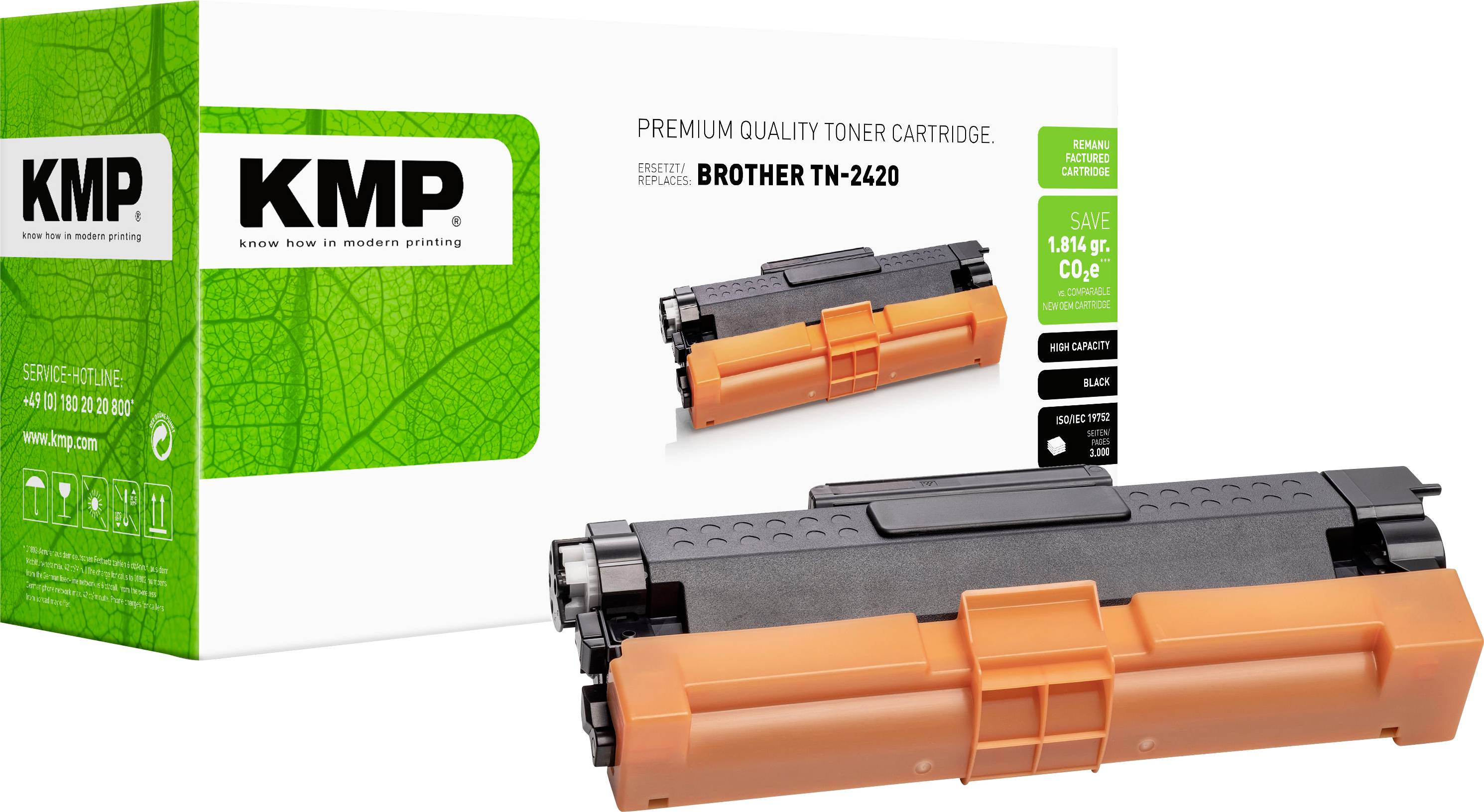 KMP Brother TN-2420 prémium toneradagolócsomag és adagoló zöld és narancs színben, megtakarítás-érték címkével és fekete toner mutatóval.
