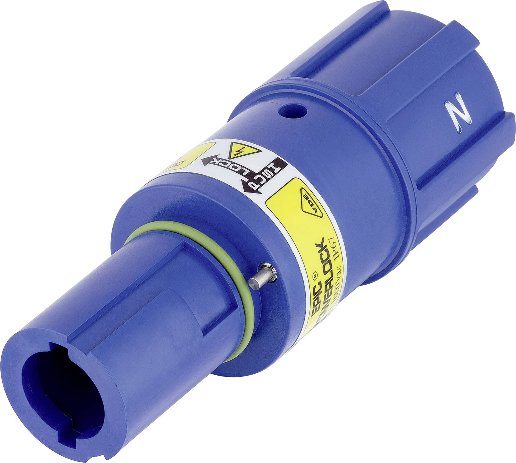 Kék elektromos csatlakozó biztonsági jelölésekkel és a 'ZUG-LOCK N' felirattal.