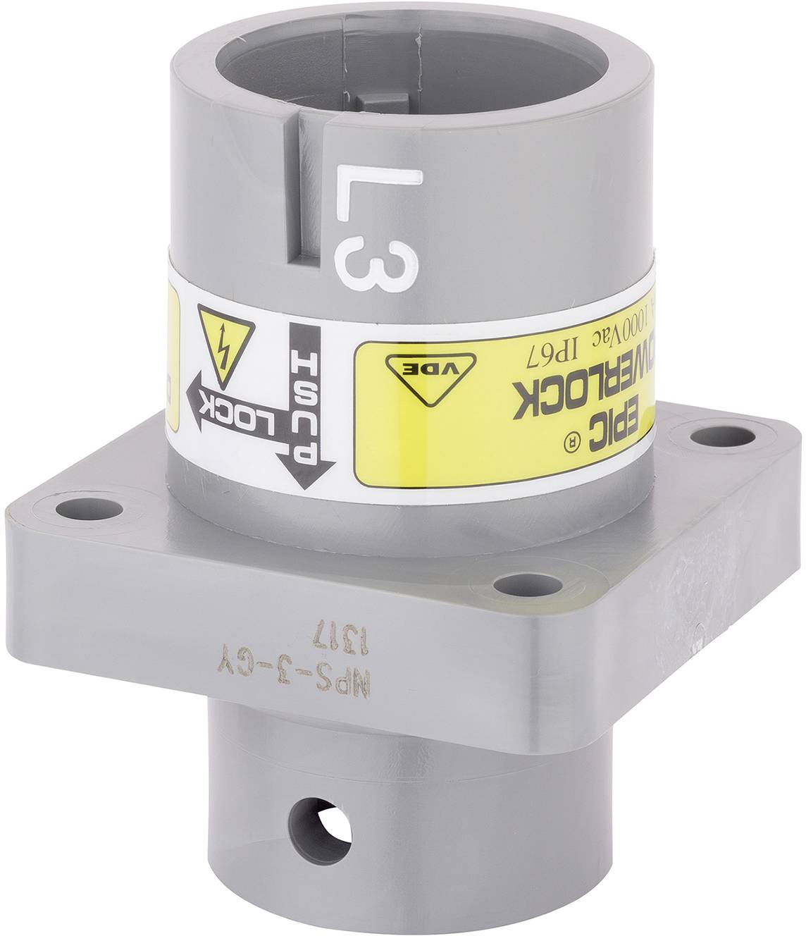 Egy szürke műanyag alkatrész sárga figyelmeztető címkével és jelölésekkel, amely valószínűleg egy elektromos vagy mechanikai eszközhöz tartozik.