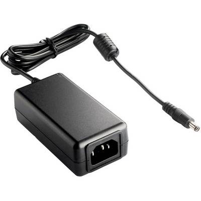 Fekete hálózati adapter kábellel és DC-csatlakozóval, elektronikus eszközökhöz alkalmas.