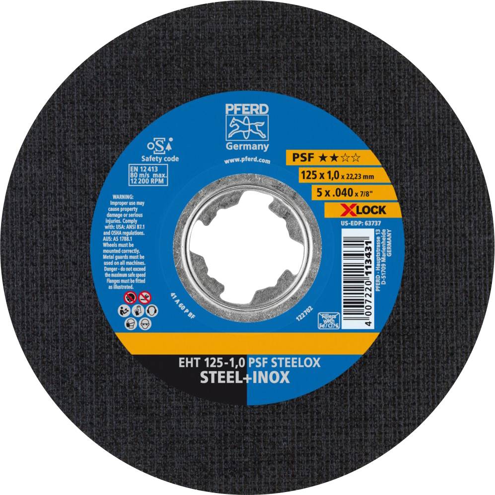 Fekete csiszolókorong kék Pferd Germany márkajelzéssel. Felirat 'STEEL+INOX', átmérő 125 mm, vastagság 1,0 mm.
