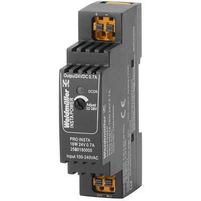 A kép egy Weidmüller INSTAPOWER tápegység modult mutat, PRO INSTA modell, a következő specifikációkkal: bemenet 100-240VAC, kimenet 24VDC 0,7A.