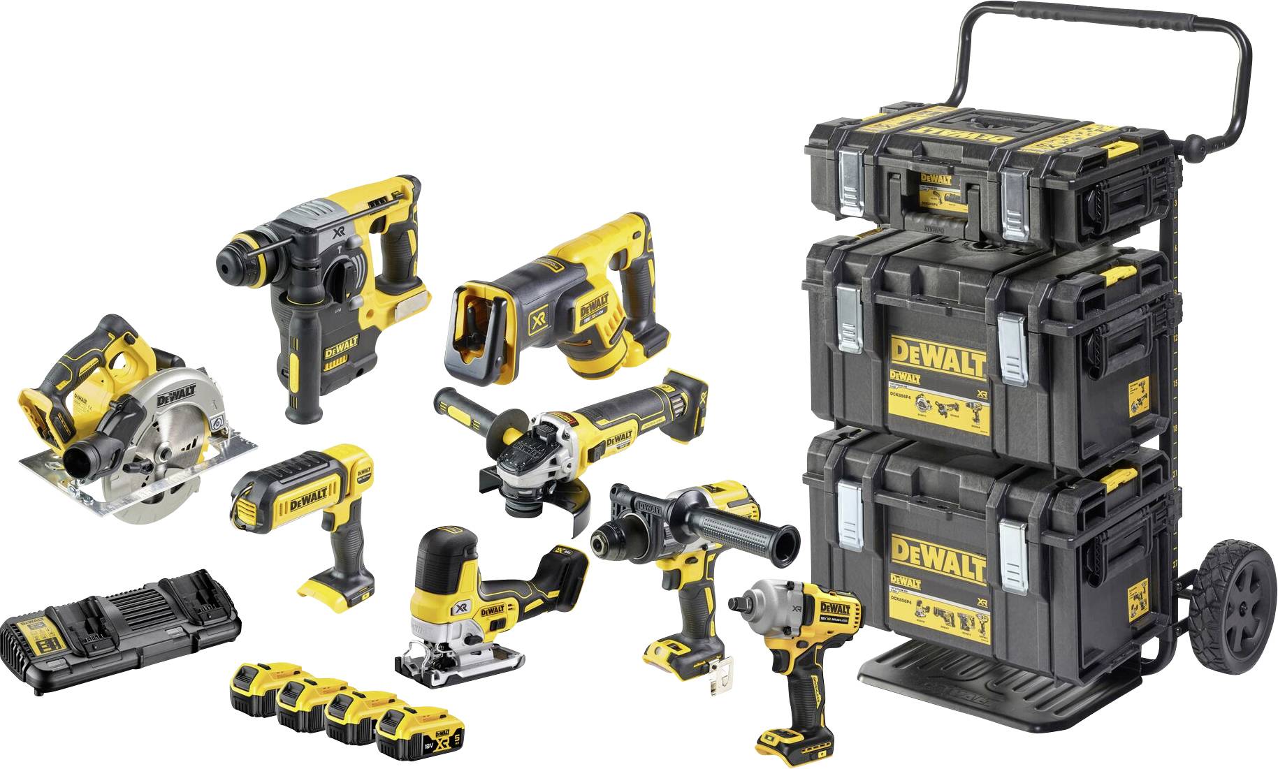 DEWALT DCK856P4 DCK856P4-QW Szerszámkészlet Akkus ütve fúrócsavarozó, Akkus ütvecsavarozó, Akkus kombi-kalapács, Akkus sarokcsiszoló, Akkus dugattyús fűrész,