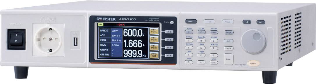 Elektromos mérőműszer kijelzővel, amely értékeket mutat: feszültség, áramerősség, frekvencia. Kezelőpanel nyomógombokkal és forgókapcsolóval jobbra.