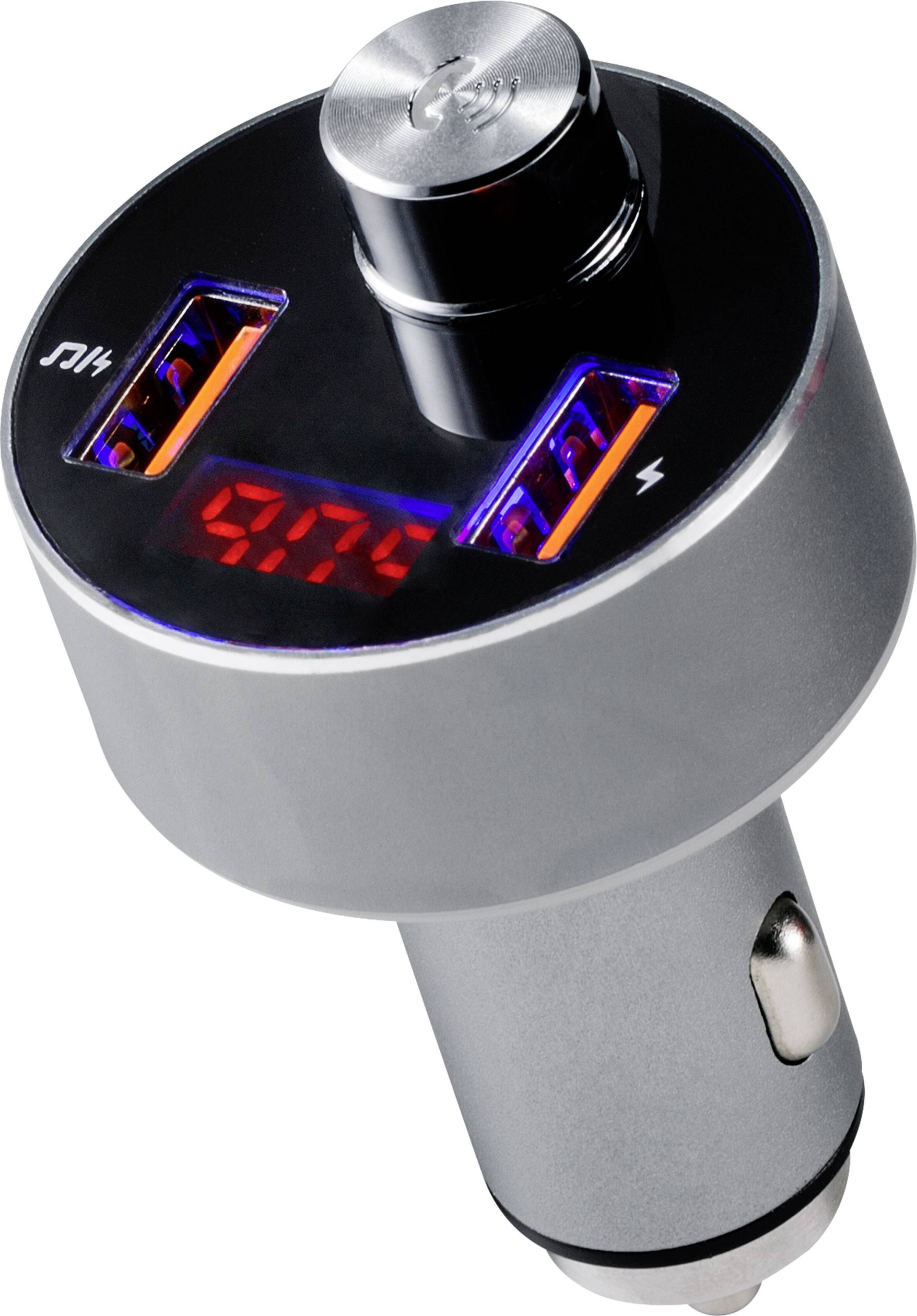 Egy ezüstszínű autós USB-töltő két USB-porttal és világító digitális kijelzővel.