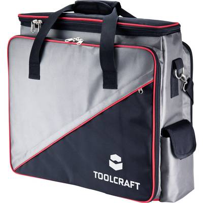 Egy szürke és fekete szerszámostáska piros varrásokkal és a 'TOOLCRAFT' logóval. A táskán cipzár és fogantyú van.