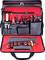 Egy fekete szerszámtáska piros belső rekeszekkel különböző szerszámokat mutat, beleértve csavarhúzókat, fogókat és csavarkulcsokat.