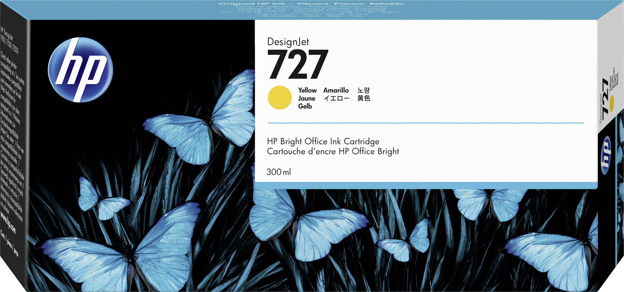 Kék pillangókkal díszített doboz. Felirata: 'DesignJet 727, Sárga'. HP nyomtatópatront tartalmaz, 300 ml Bright Office részére.