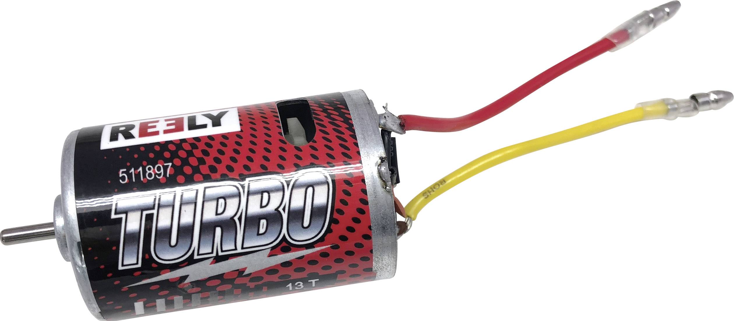 Egy REELY márkájú elektromos motor piros és sárga kábellel, amelyen a 'TURBO' felirat szerepel. Modellautókhoz alkalmas.