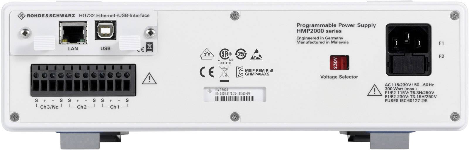 A HMP2000 sorozatú programozható tápegység hátulnézete LAN-, USB-csatlakozókkal és feszültségválasztó kapcsolóval.