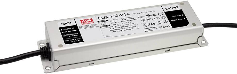 A MEAN WELL ELG-150-24A tápegység házán nyomtatott műszaki specifikációk és csatlakozók, ipari alkalmazásokhoz megfelelő kivitelben.