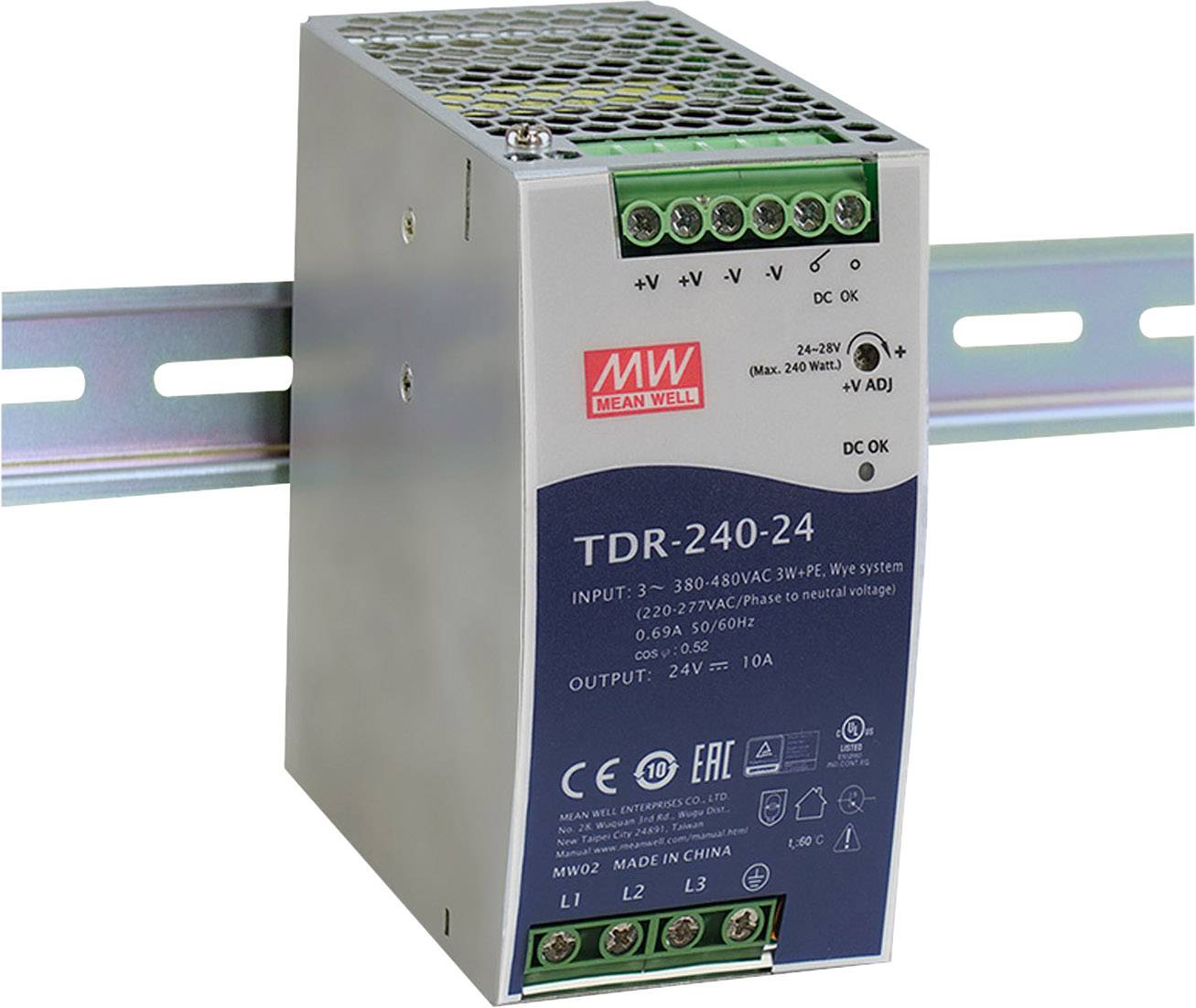 Mean Well tápegység, TDR-240-24 típusú, DIN-sínre szerelve. Ipari alkalmazásokhoz alkalmas, 24V-os kimenet 10A-es áramerősséggel.