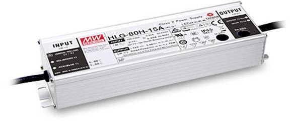 Egy fehér, téglalap alakú elektronikai eszköz címkékkel és kábelekkel mindkét végén. Felirata: 'HLG-80H-15A'.