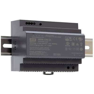 Fekete-szürke tápegység sínre szerelve. A nyomtatott felirat tájékoztat a modellről, bemenet 100-240V AC, kimenet 24V DC, 6,25A.