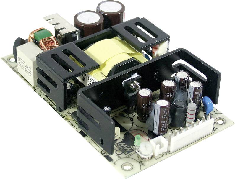 Egy nyitott kapcsolóüzemű tápegység, amelyen transzformátor, kondenzátorok és egyéb elektronikai alkatrészek vannak egy áramköri kártyára szerelve.