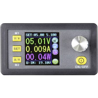 Elektronikus kijelző mutatja az értékeket: Feszültség '05.01V', Áram '0.009A', Teljesítmény '00.04W', Bemeneti feszültség '19.10V'. Forgógomb és nyomógombok jelen vannak.