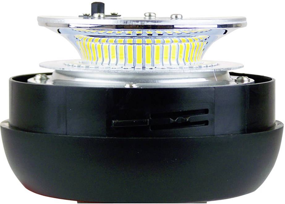 Fekete házba foglalt LED-lámpa, sárga LED-csíkokat mutat egy kerek, emelt platformon, alkalmas erős megvilágításra.