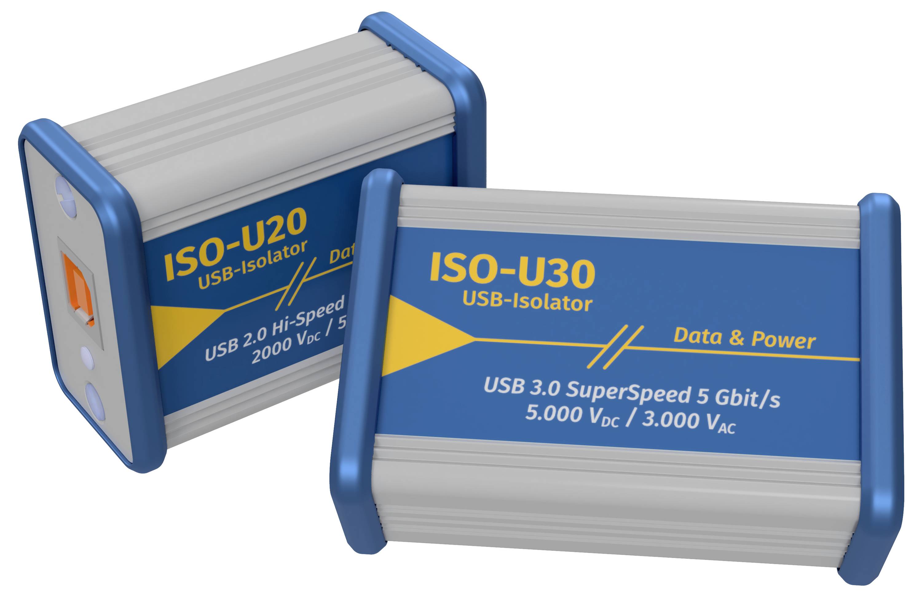 Két kék végű USB-izolátor látható. Balra az 'ISO-U20', jobbra az 'ISO-U30'. Mindkettő támogatja az adat- és áramtovábbítást.