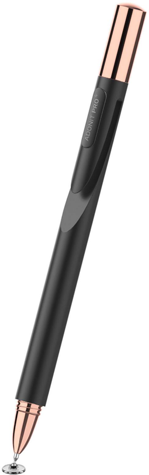 Egy fekete stylus toll rézszínű részletekkel, érintőképernyős eszközökhöz tervezve, fehér háttéren fekszik.