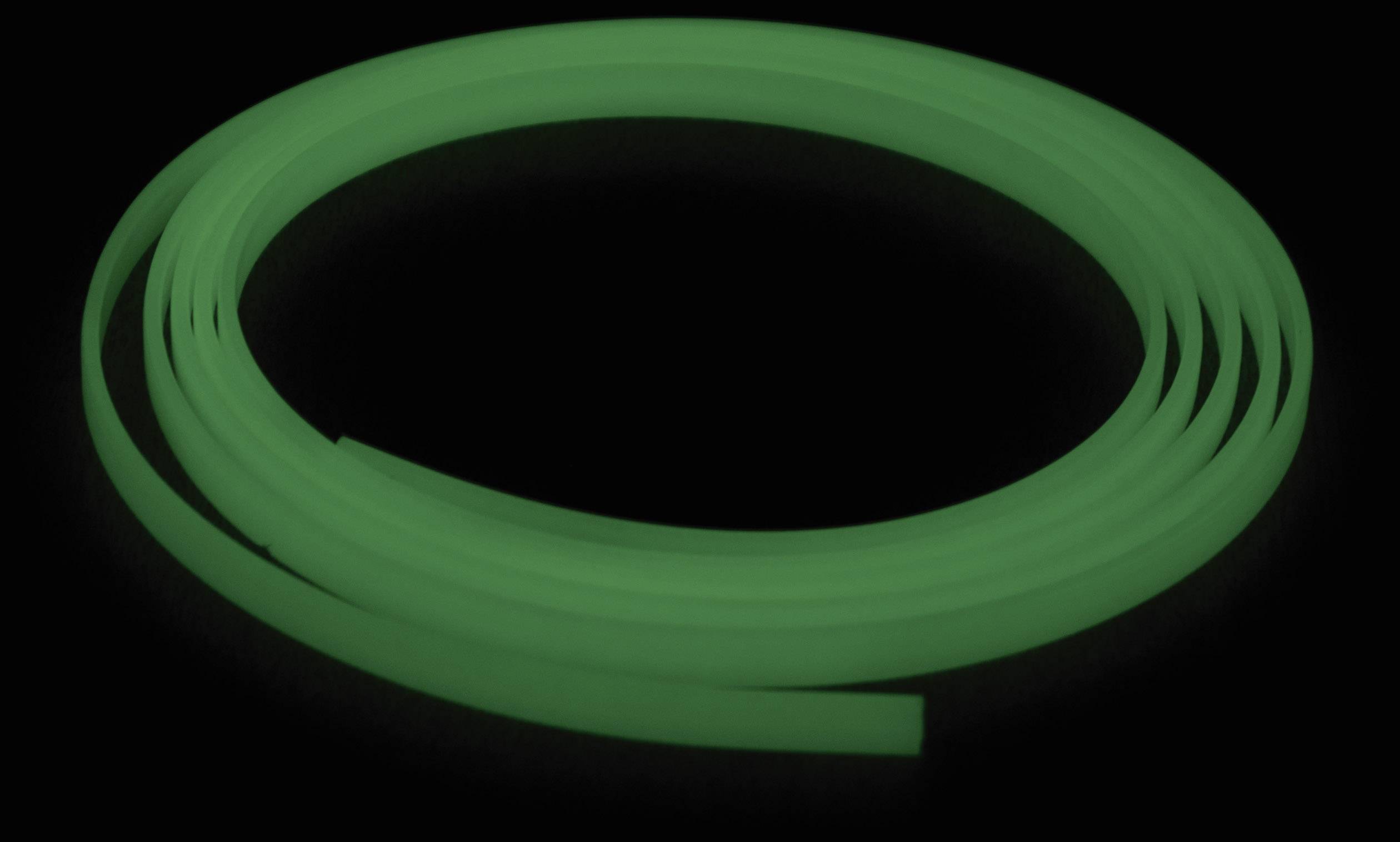 Sötét környezetben ragyogó zöld szalag, amely spirál alakban tekeredik.