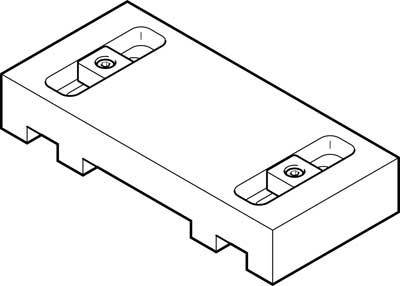 Egy téglalap alakú alkatrész izometrikus rajza, amelynek hosszanti oldalain két süllyesztett csavarlyuk van.