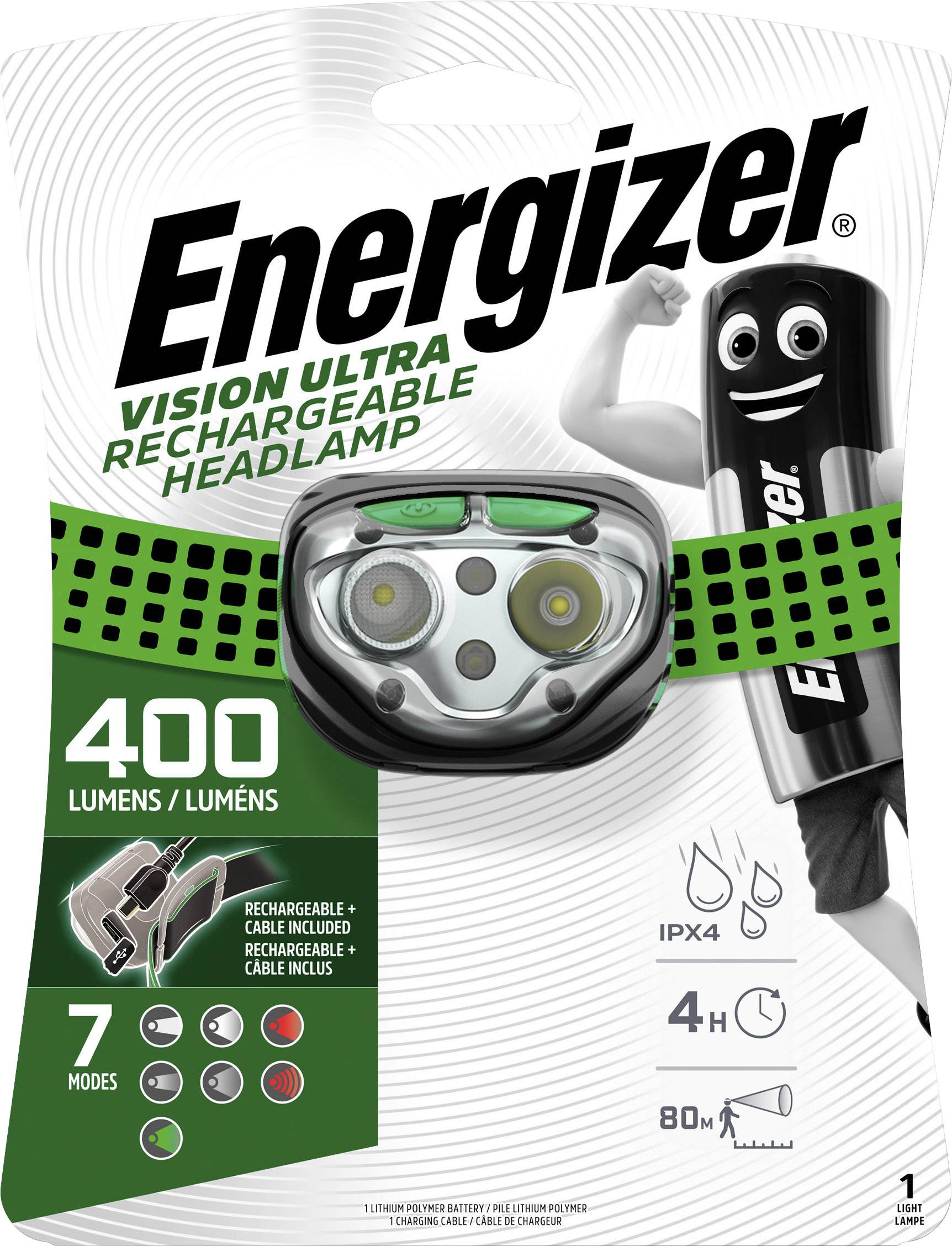 Energiafeltöltő čelovka Energizer Vision Ultra, 400 lumen, 7 üzemmód, újratölthető kábellel, vízálló, 4 óra üzemidő.
