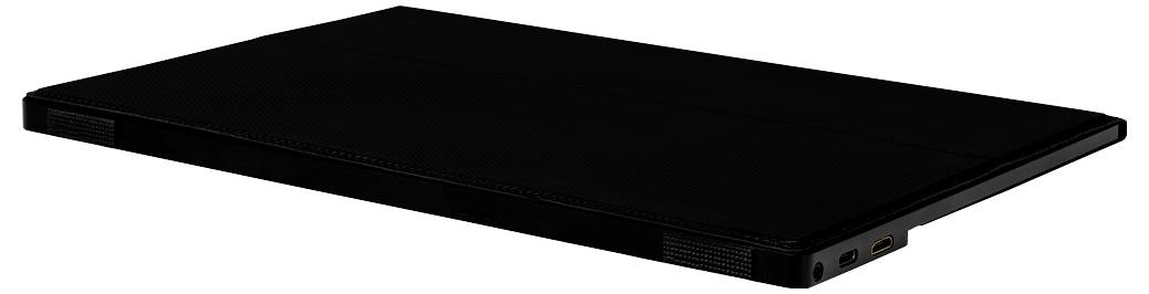 Egy vékony, zárt laptop oldalnézetben. Csak az élek és a csatlakozók láthatók, további részletek nélkül.