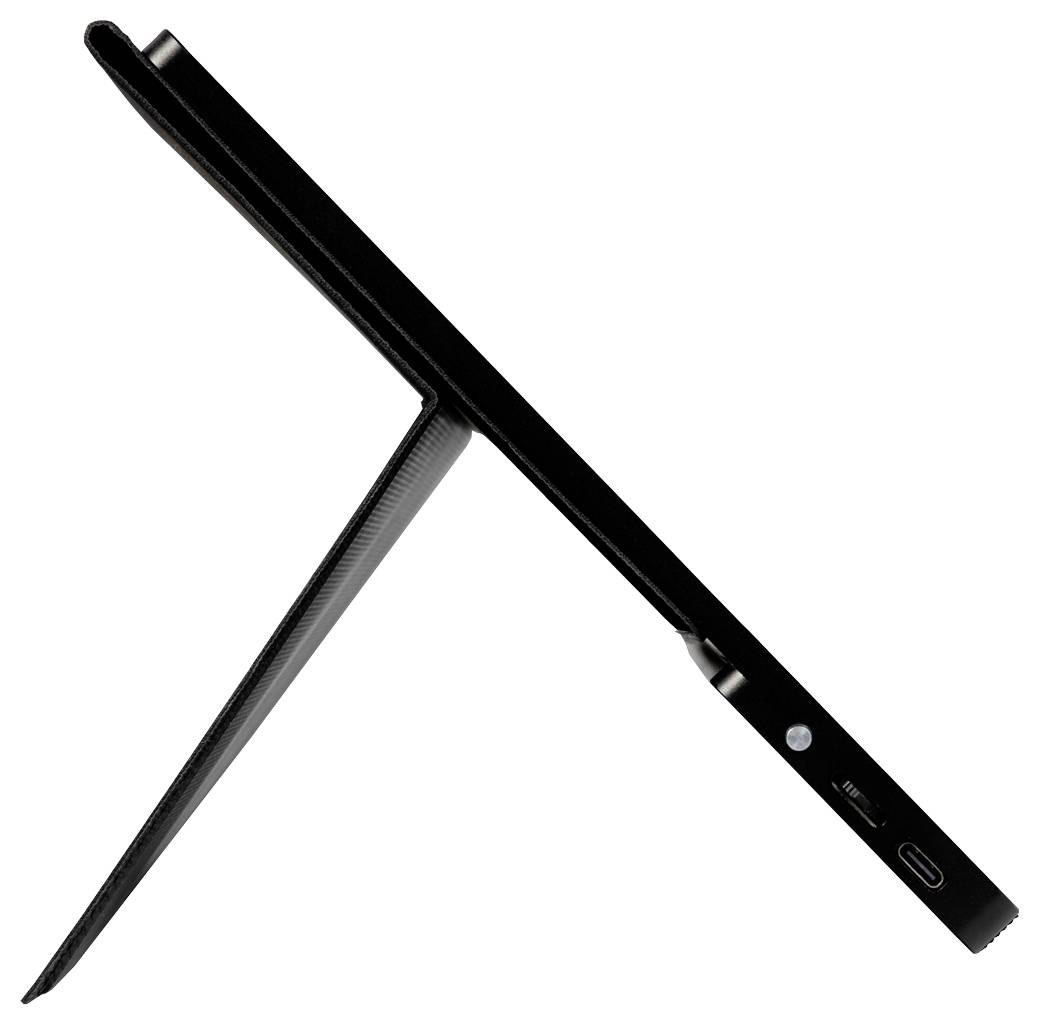 Egy vékony, modern tablet-laptop hibrid eszköz oldalnézetben, amely beépített támasztékot, USB-csatlakozót és hangszórót mutat.