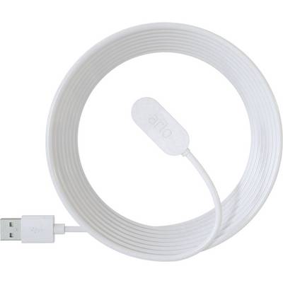 Fehér USB-kábel ovális házzal, rajta az 'arlo' felirat.
