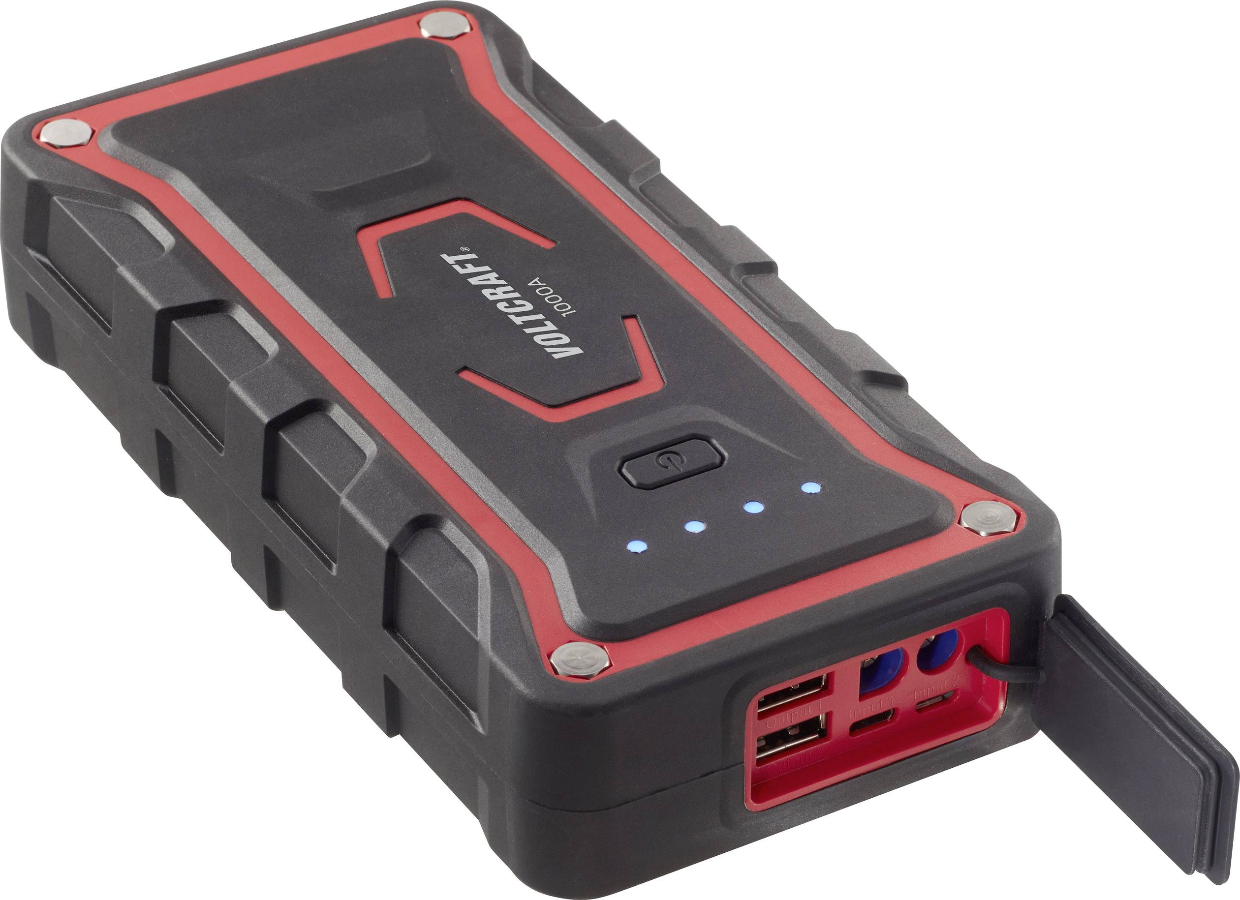 Egy hordozható powerbank masszív kialakítással, piros akcentusokkal és négy kék LED-kijelzővel. Elöl több csatlakozóval rendelkezik.