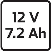 '12 V 7.2 Ah' fehér szöveg fekete háttéren, valószínűleg egy akkumulátor feszültségének és kapacitásának adatai.