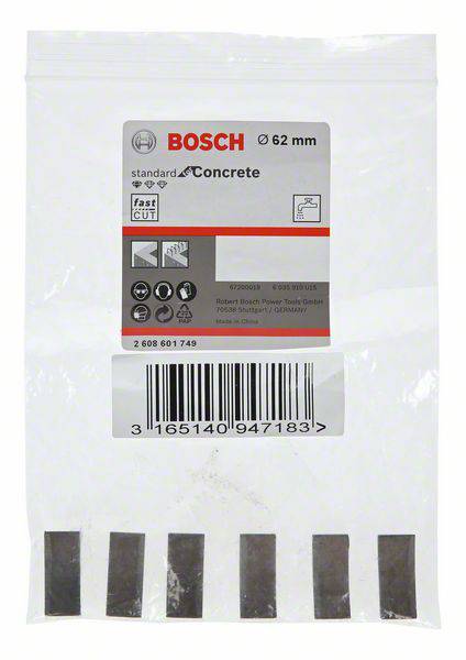 Bosch fűrészlapok csomagolása, betonvágáshoz alkalmas, 62 mm-es méret. Termékadatokat és vonalkódot tartalmaz.