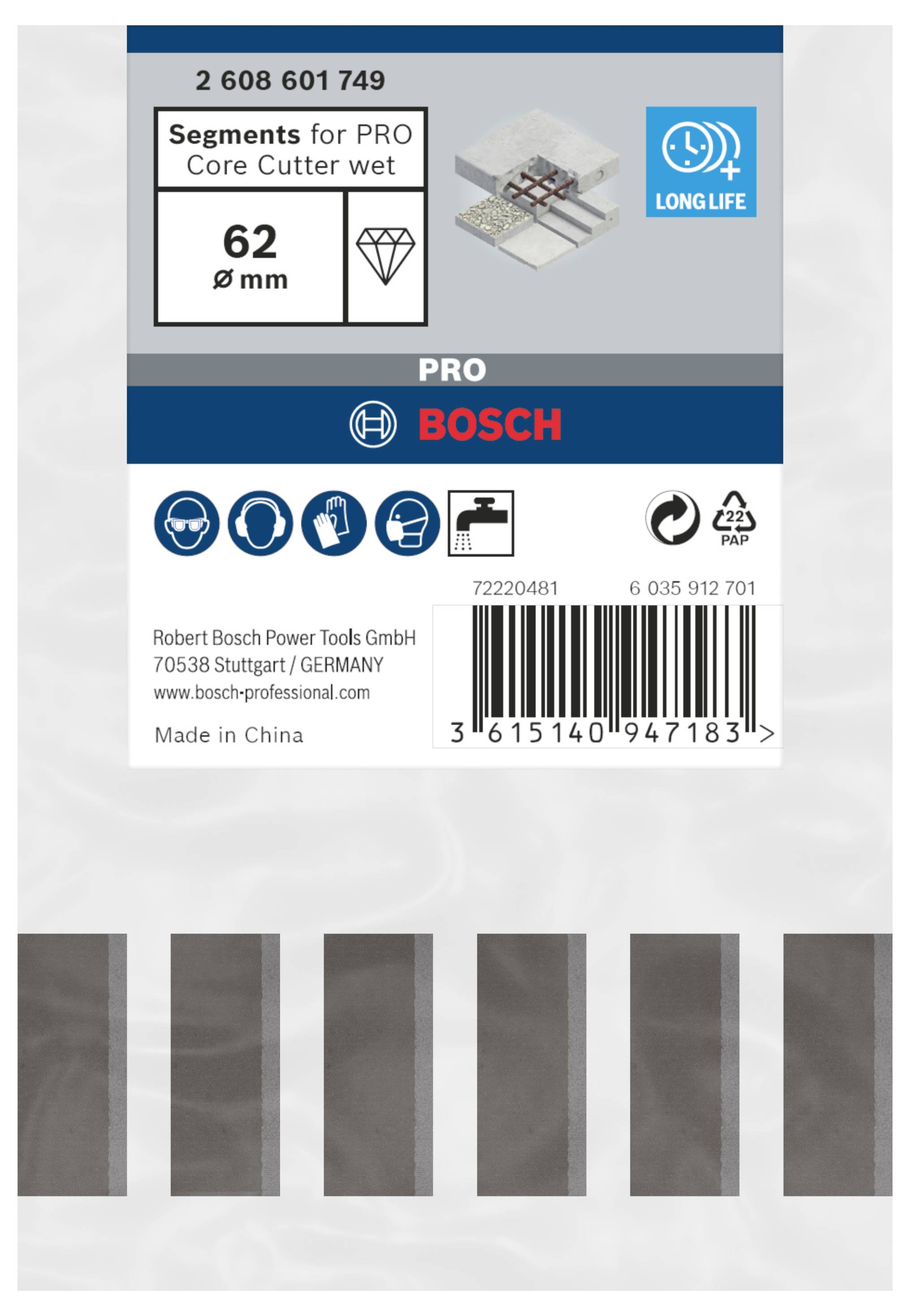 'Szegmensek PRO magfúróhoz nedves', 62 mm, hosszú élettartammal. Vonalkódot és Kínában történő gyártásra vonatkozó adatokat tartalmaz.