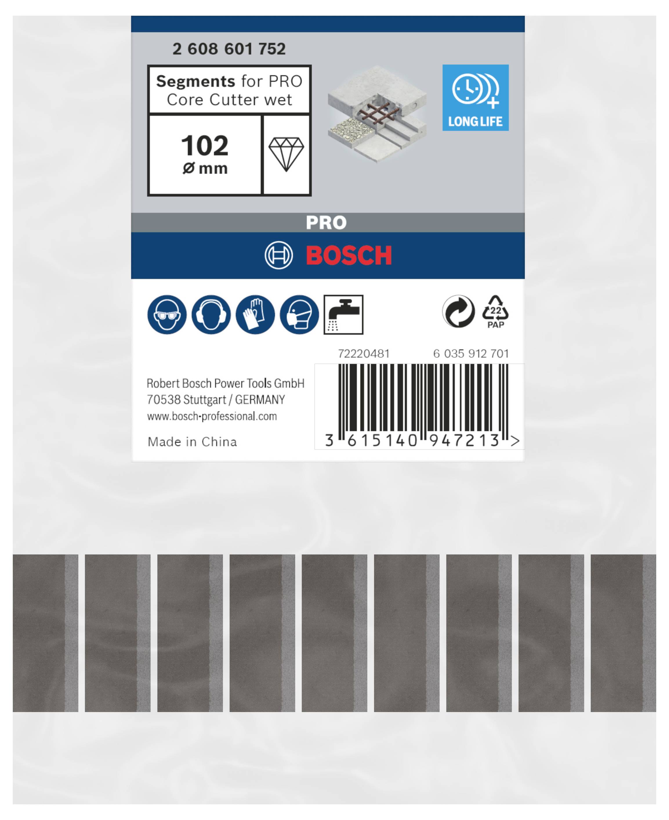Bosch PRO magfúró szegmensek csomagolása nedves vágáshoz, 102 mm átmérő. Tartalmaz hosszú távú tartóssági útmutatót.